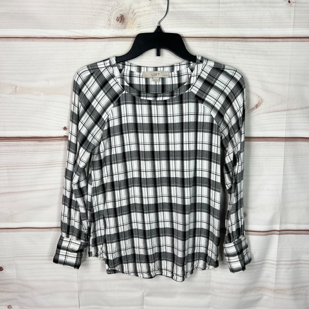 LOFT Top Womens PXXS Black Plaid Blouse Long Sleeve Round Neck Pullover Woven